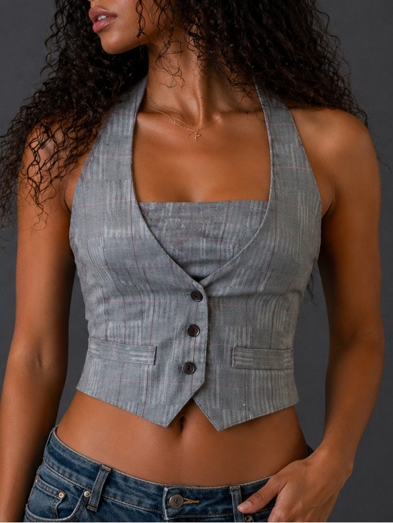 Seductions Tops - Y2K Plaid Open Back Seductions Halter Vest